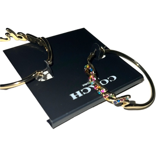 COACH Gold Tone Hypoallergenic Rainbow Crystal Logo Script Hoop Earrings - Picture 7 of 10